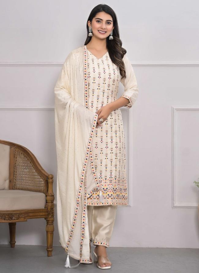 Jacquard Silk Off White Festival Wear Embroidery Work Readymade Kurti Set